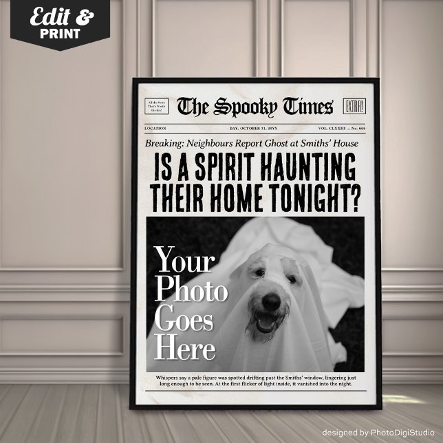 Anpassad Halloween-tidning Väggkonst Spökupptäckt (Custom Halloween Newspaper Wall Art Ghost Sighting | trendy halloween decor | halloween poster)
