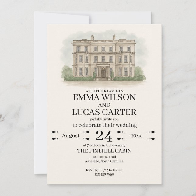 Anpassad handritad lokalillustration Bröllopsinbju Inbjudningar (Framsida)