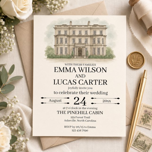 Anpassad Handritad Lokalillustration Bröllopsinbju Inbjudningar (Elegant Estate Wedding Invitation)