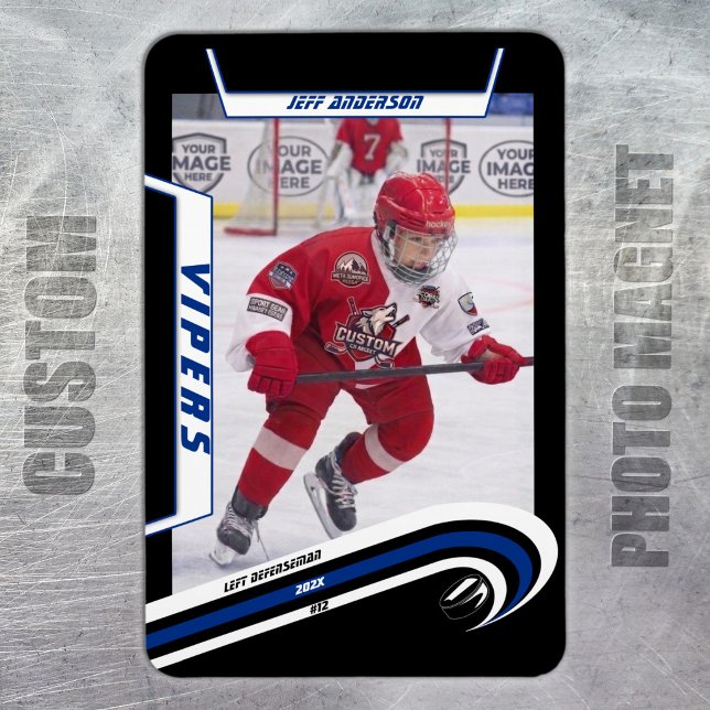 Anpassad hastighet Blå Ishockey Foto Magnet (Ice Hockey: Custom blue jersey magnet featuring player image, logo, and number.)