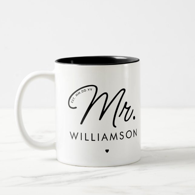 Anpassad Herr Est. Modern Elegant Skrift Nygift  Två-Tonad Mugg (Vänster)