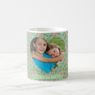 Anpassad hjärtformad foto med vintagegrön tealros kaffemugg