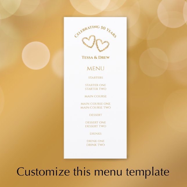 Anpassad hjärtguld 50-års bröllopsjubileum fest meny (Custom menu template, modern elegant golden hearts design 50th wedding anniversary party menu.
)