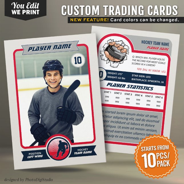 Anpassad Hockeykort Anpassade Lagfärger Kort (Custom Hockey Trading Card Custom Team Colors Card - Change photo, text, and colors - 10pcs/pack)