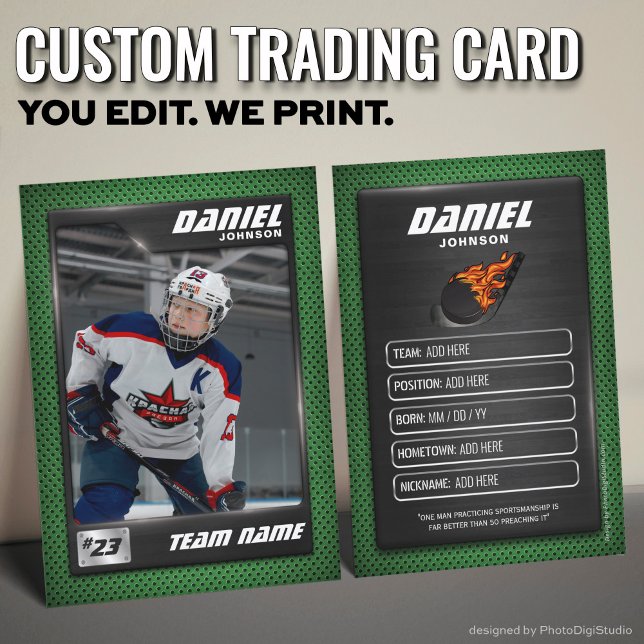 Anpassad hockeykort, grön grafitspelare (Custom Hockey Trading Card, Green Graphite Player Card)