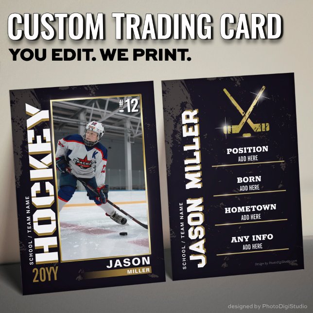 Anpassad hockeykort, Guld hockeyspelare (Hockey Trading Card Hockey Player Card Black Gold)