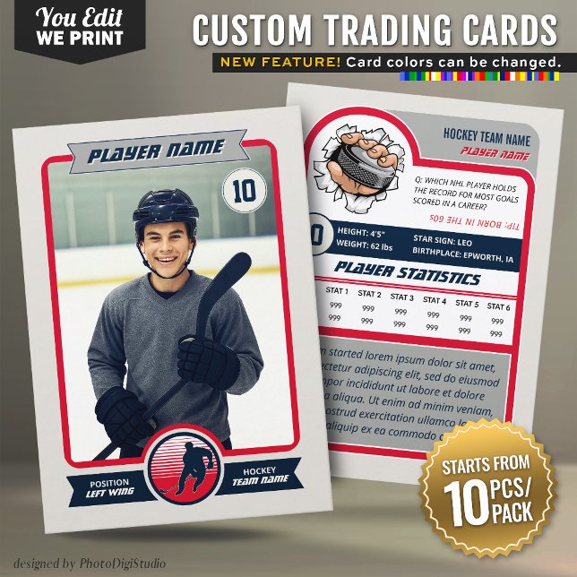 Anpassad hockeykort med anpassade lagfärger placeringskort (Custom Hockey Trading Card, Custom Team Colors Card - Change photo, text, and colors - 10pcs/pack)