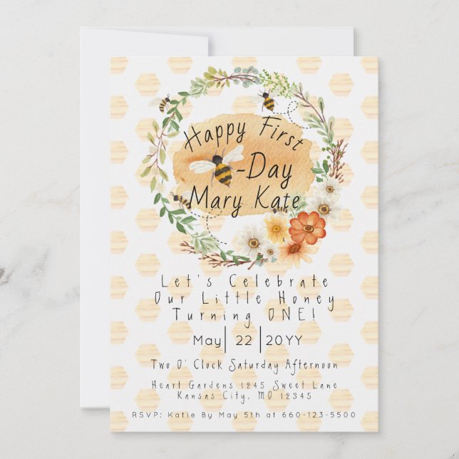 Anpassad Honey Bee och blommor Första födelsedag  Inbjudningar (Framsida)