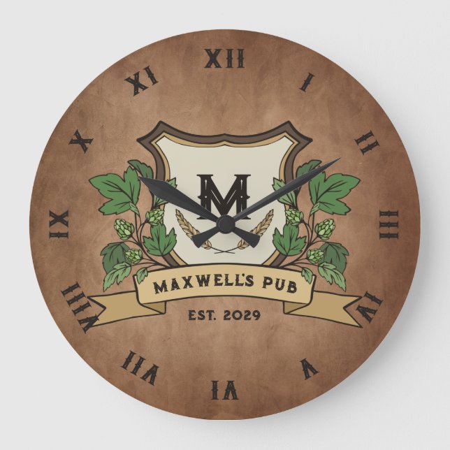 Anpassad Humle Korn Crest Ditt Pub Monogram Stor Klocka (Framsida)