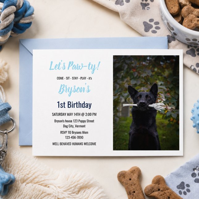 Anpassad hundfödelsedag Blå tassavtryck Valp Husdj Inbjudningar (Custom Dog Birthday Blue Paw Print Puppy Pet Invitation)