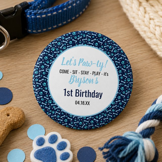 Anpassad hundfödelsedag Blå tassavtryck Valp Husdj Knapp (Custom Dog Birthday Blue Paw Print Puppy Pet Button)