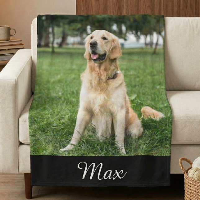 Anpassad hundfoto fleecefilt (pet dog photo fleece blanket with custom name in script)