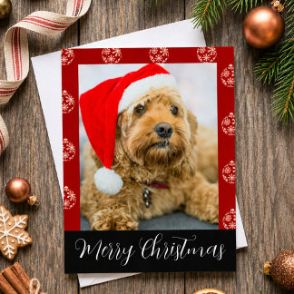 Anpassad hundfoto Glad jul röda ornament Julkort