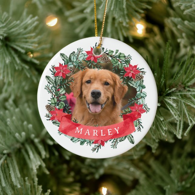 Anpassad hundfoto med namnkrans julgransprydnad keramik (Träd)