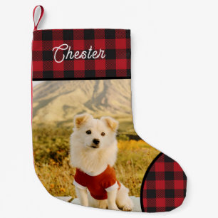 Anpassad hundfoto & namn Buffalo Plaid Liten Julstrumpa