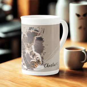 Anpassad husdjur katt foto namn foto gåva kaffe benporslin mugg