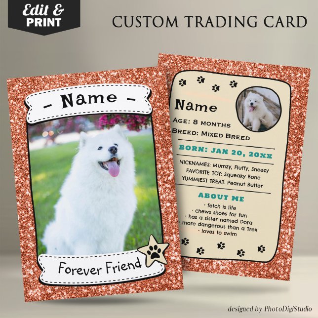 Anpassad husdjursbyteskort, terapihund bytes (Glitter Orange Neutral Pet Trading Card Dog Trading Card Therapy Dog)