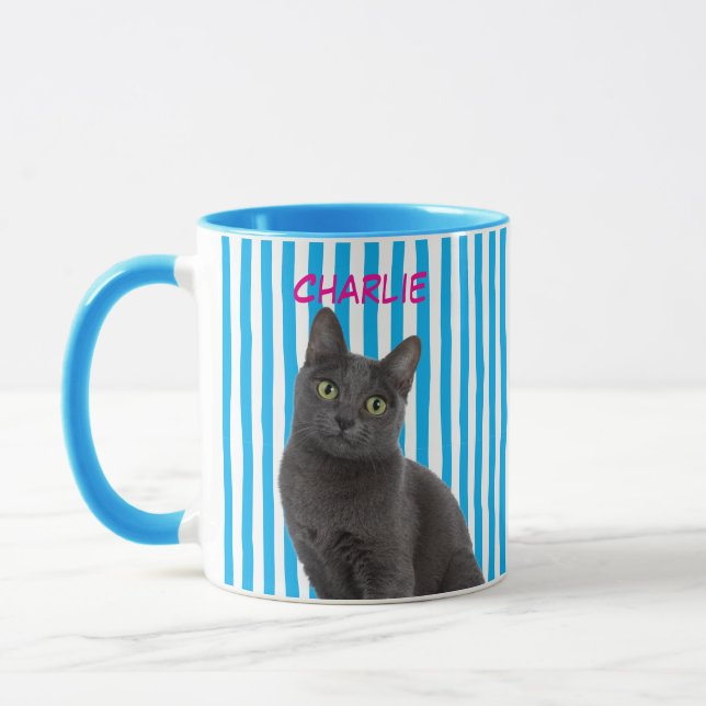 Anpassad husdjursfoto Katt Hund Ägare Blå randig Mugg (Vänster)