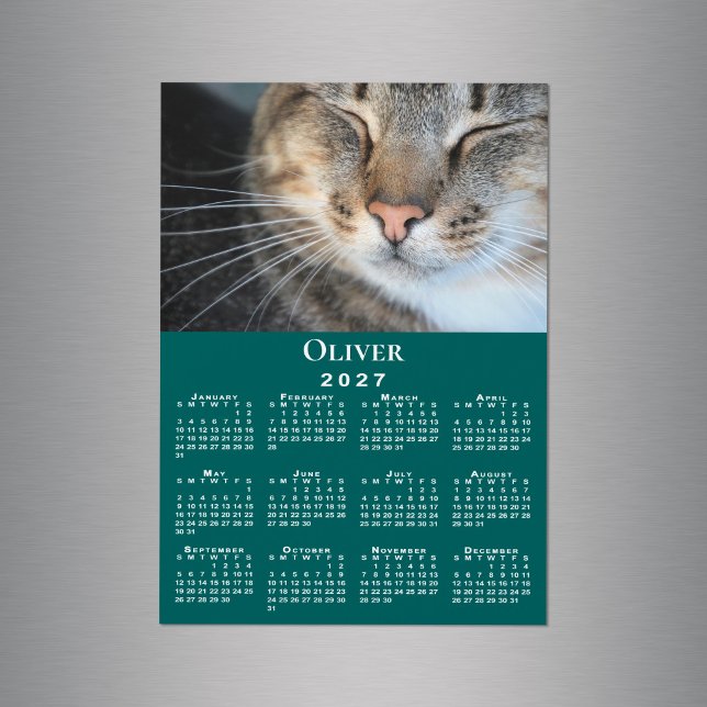 Anpassad husdjursfotograf namn 2027 kalender Teal  (Custom Pet Photo Name 2027 Calendar Teal Magnet in situ)