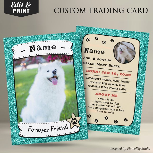 Anpassad husdjurshandels kort, terapihund Trading (Glitter Green Neutral Pet Trading Card Dog Trading Card Therapy Dog)