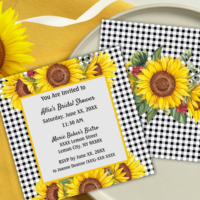 Anpassad inbjudan med rutor och solrosor design (Bridal Shower invitation - Sunflowers and Gingham Rustic Country Style)