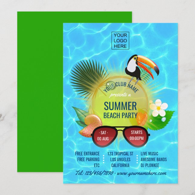 Anpassad inbjudan till Club Summer Beach Party (Fram/baksida)