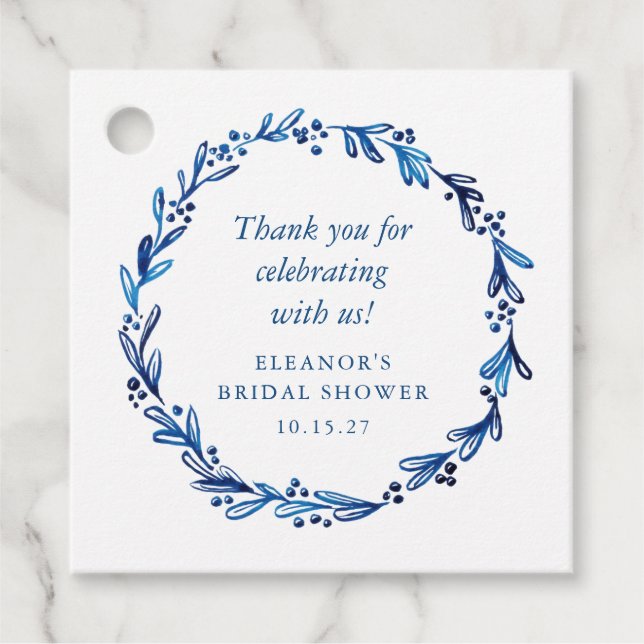 Anpassad Indigo Blå Bläck Botanisk Bröllopsfest Gåvor Etiketter (Framsida)