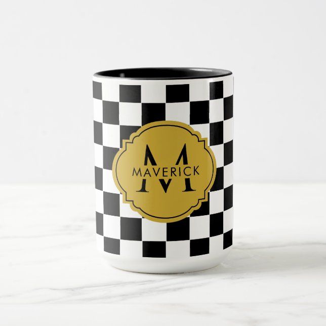 Anpassad initial namn Elegant rutigt mönster kaffe Mugg (Center)