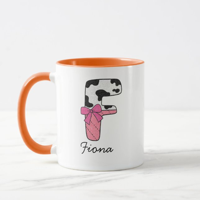 Anpassad initial namn mugg | Rosa ko bokstav F (Vänster)