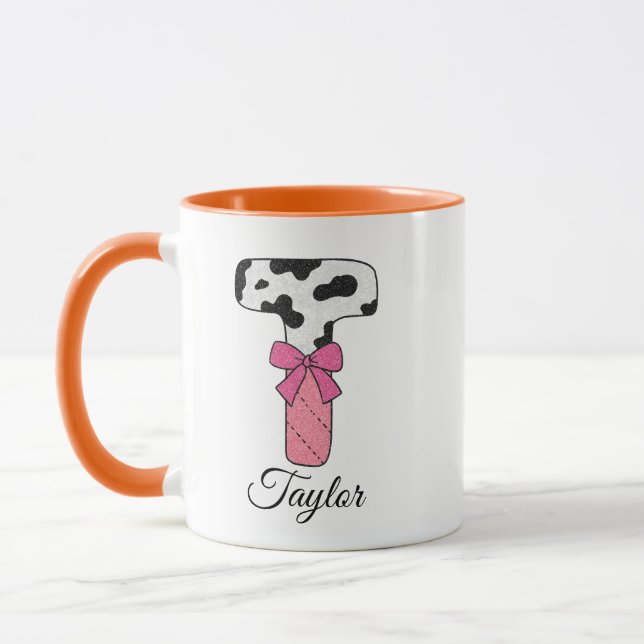 Anpassad initial namn mugg | Rosa ko bokstav T (Vänster)