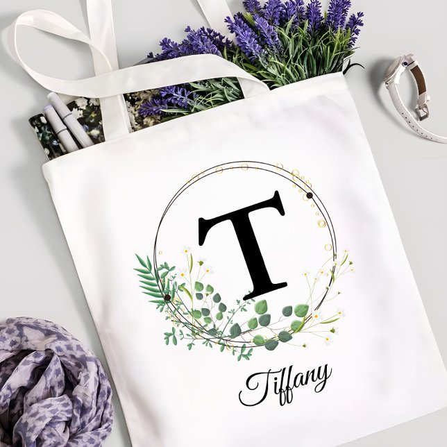 Anpassad Initial & Namn Personlig Monogram Blomma Tygkasse (Skapare uppladdad)