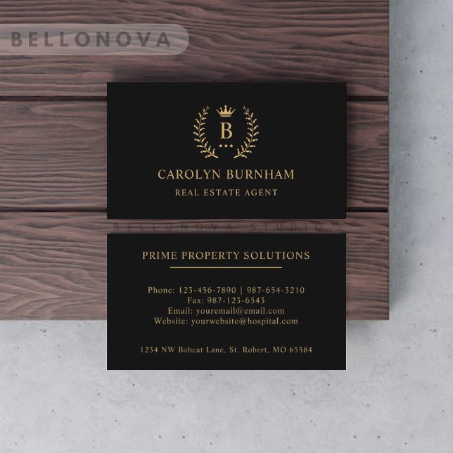 Anpassad initial & namn svart och guld monogrammer visitkort (Custom Initial & Name Black And Gold Monogrammed Business Card)