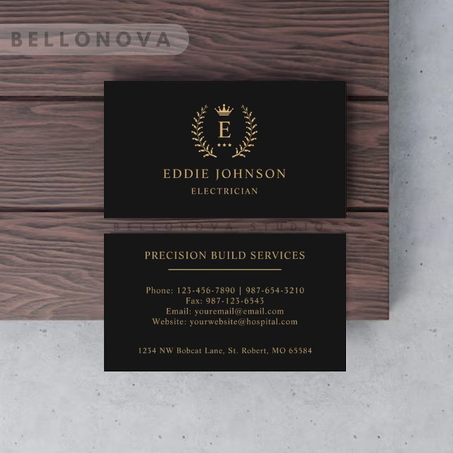 Anpassad initial & namn svart och guld monogrammer visitkort (Custom Initial & Name Black And Gold Monogrammed Business Card)