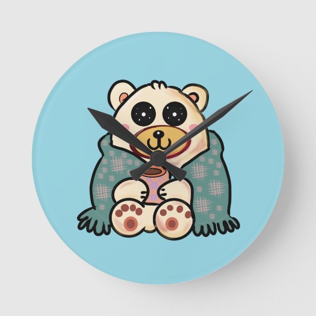 Anpassad Isbjörn med Kaffe | Söt Vinterkonst Rund Klocka (Framsida)