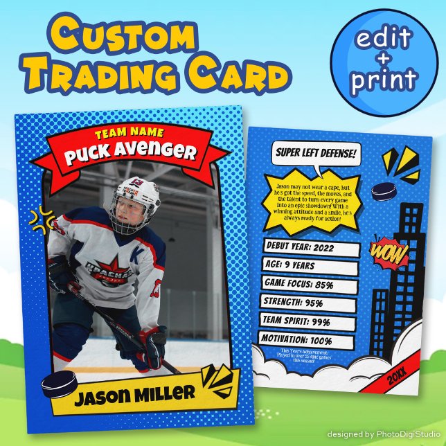 Anpassad ishockeykort, seriefigur ishockeykort (Custom Ice Hockey Trading Card, Comic Hockey Card)