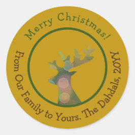 Anpassad jul Bokeh Reindeer Bronze Guld Runt Klistermärke