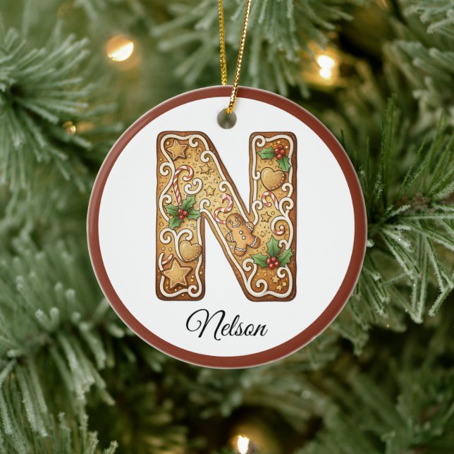 Anpassad jul Gingerbread Bokstav N Monogram Julgransprydnad Keramik (Träd)