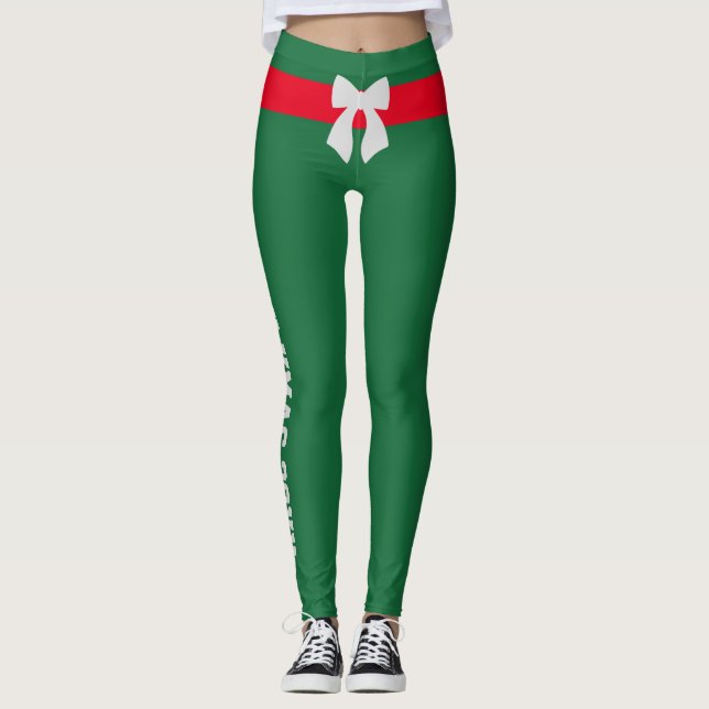 Anpassad jul röd isig silverbåge tallgrön kul leggings (Framsida)