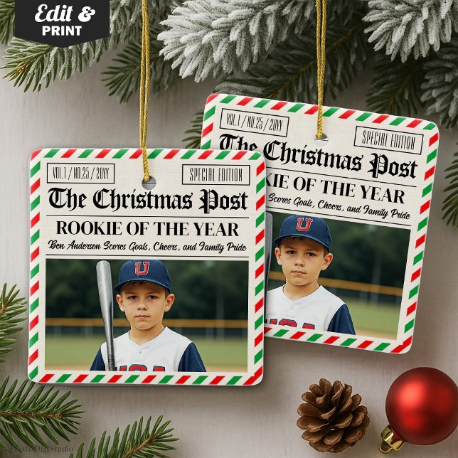 Anpassad jul tidning Årets rookie Julgransprydnad Keramik (Custom Christmas Newspaper Rookie of the Year Ceramic Ornament)