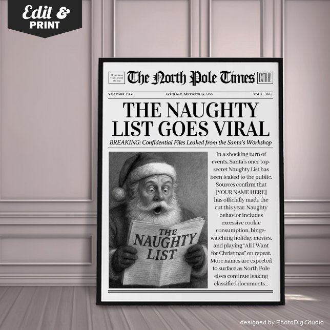 Anpassad jul tidning dekoration, rolig jul poster (Custom Christmas Newspaper Decor, Funny Christmas Poster, The Naughty List Goes Viral)