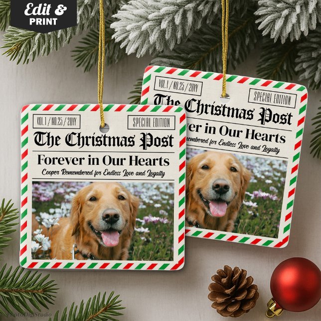 Anpassad jul tidning för bortgångna husdjur, minne julgransprydnad keramik (Custom Christmas Pet Loss Newspaper, Dog Memorial Ceramic Ornament)