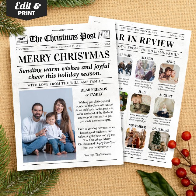 Anpassad jul tidningskort, Årssammanfattning Julkort (Custom Christmas Newspaper Card, Year in Review Holiday Card)