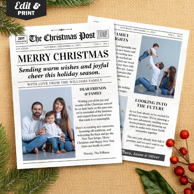 Anpassad jul tidningskort, julfoto julkort (Custom Christmas Newspaper Card, Christmas Photo Holiday Card)