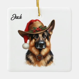 Anpassad jul tysk schäferhund cowboyhatt julgransprydnad keramik