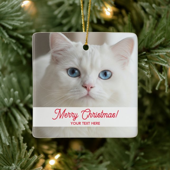 Anpassad julgransprydnad med bild på vit katt keramik (Träd)