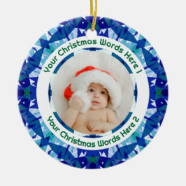 Anpassad julklapp för familjefoto i blågrönt julgransprydnad keramik