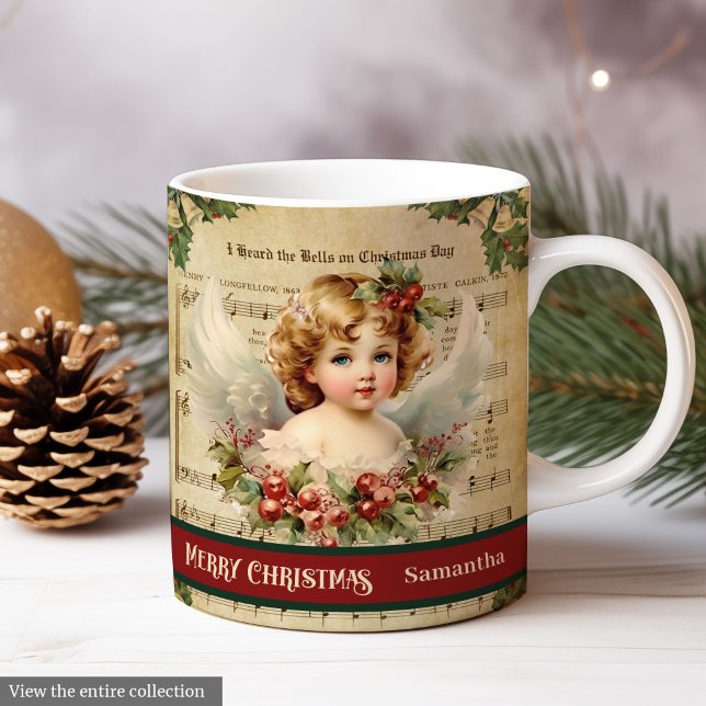 Anpassad julmugg Vintage-ängelmonogrampresent Kaffemugg (Custom Christmas Mug Vintage Angel Monogram Gift)