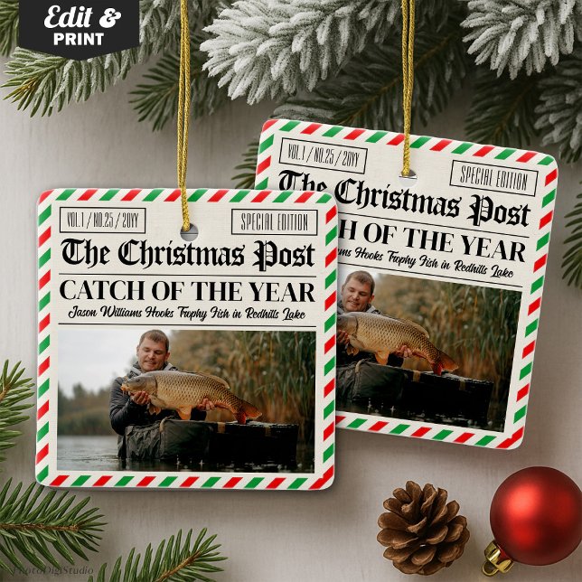 Anpassad julpresent för fiske, Tidningsfiskare Julgransprydnad Keramik (Custom Christmas Newspaper Decor, Photo Fisherman Ceramic Ornament)