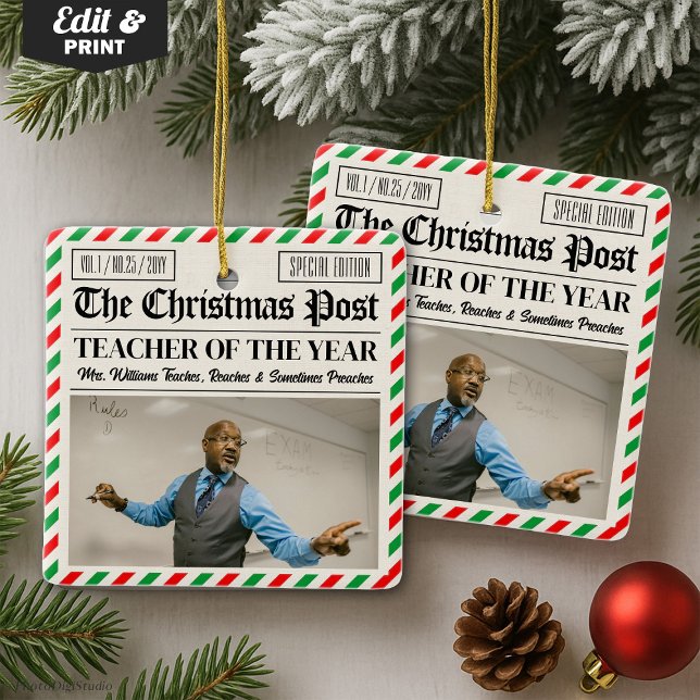 Anpassad julpresent för lärarens tidning  julgransprydnad keramik (Custom Christmas Gift for Teacher Newspaper Ceramic Ornament)
