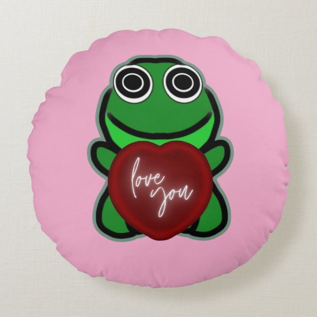 Anpassad kärlek du kawaii grod hjärta present rund kudde (Framsidan)